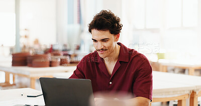 Buy stock photo Pottery, laptop and man in workshop for inventory, quality control and checklist of ceramic designs. Creative business, art studio and person on digital tech for planning, online orders and website