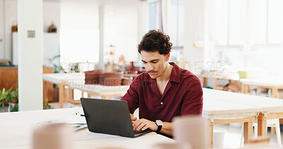 Buy stock photo Pottery, creative and man in workshop on laptop for inventory, quality control and checklist of ceramic designs. Business, art studio and person on computer for planning, online orders and website