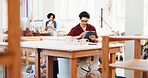 Man, tablet and typing at pottery workshop with update for web store with sculpture, tea cup and review at studio. Person, digital touchscreen and manager with app for ceramic product with inventory