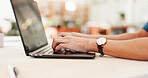 Hands, person and typing on laptop for pottery, inventory management and review clay orders on website. Potter, online and feedback for stock supply, craft checklist and information of small business