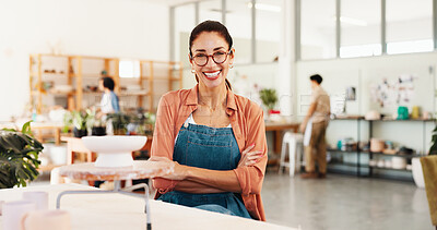 Buy stock photo Portrait, happy and woman at pottery workshop with career pride, sculpture and craft production. Person, arms crossed and proud of mold design, clay manufacturing and creativity for handmade creation