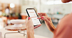 Hands, woman and phone screen with invoice of small business for order, service quote and pottery sale. Person, mobile and bills with stock account, bill statement and reading information of purchase