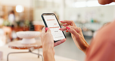 Buy stock photo Hands, woman and phone screen with invoice of small business for order, service quote and pottery sale. Person, mobile and list with stock account, bills statement and reading information of purchase