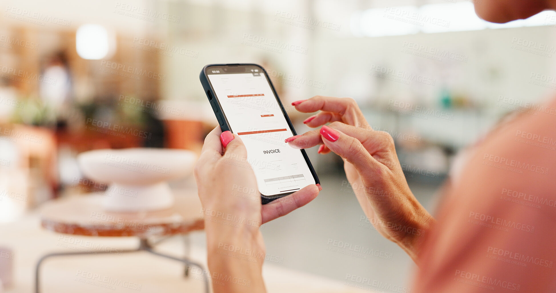 Buy stock photo Hands, woman and phone screen with invoice of small business for order, service quote and pottery sale. Person, mobile and list with stock account, bills statement and reading information of purchase