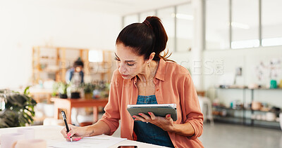 Buy stock photo Pottery, writing and woman with tablet in studio for inventory management, lesson schedule and online stock order. Small business, paperwork and digital app for sales invoice and planning in workshop