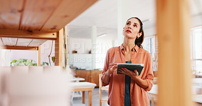 Buy stock photo Pottery, tablet and woman in workshop for inventory, quality control and checklist of ceramic designs. Creative business, art studio and person on digital tech for DIY hobby, handicraft and website