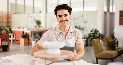 Buy stock photo Man, tablet and portrait with smile at pottery workshop with design app with sculpture, pride and process at studio. Person, digital touchscreen and artist with ceramics manufacturing in Mexico