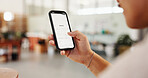 Hand, invoice and phone screen with person in office for financial transaction or payment. Account, bill and statement with business employee in workplace for balance or mobile money transfer