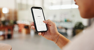 Buy stock photo Hand, invoice and phone screen with person in office for financial transaction or payment. Account, bill and statement with business employee in workplace for balance or mobile money transfer