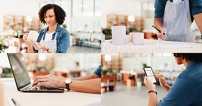 Buy stock photo Woman, series and tech at pottery workshop for cup inspection, writing notes and stock checklist. Potter, typing and laptop with phone for inventory management, account payment and order information