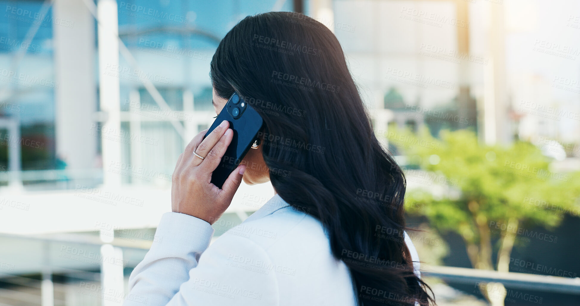 Buy stock photo Business woman, back and city with phone call for real estate discussion, negotiation or deal. Female person, realtor or salesperson talking with mobile smartphone for corporate building or property