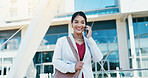 Happy woman, city and business realtor with phone call for conversation, chat or discussion. Female person, employee or real estate agent with smile on mobile smartphone for property or negotiation