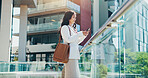 Business woman, city and realtor with phone for corporate building, investment or communication. Female person, real estate agent or travel with mobile smartphone for property on balcony in town