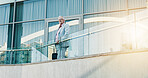 Thinking, business and man on balcony city for planning, corporate career and decision as accountant. Mature person, vision and job reflection for financial future, urban search and investment growth