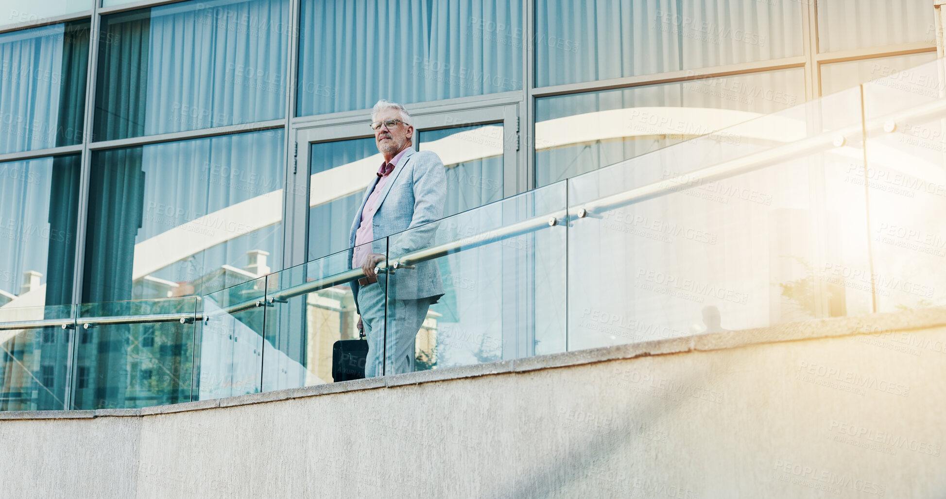 Buy stock photo Thinking, business and man on balcony city for planning, corporate career and decision as accountant. Mature person, vision and job reflection for financial future, urban search and investment growth