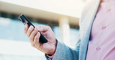 Buy stock photo Business, hands and man in city, cellphone and texting with social media, internet and search for location. Person, closeup and entrepreneur with smartphone, outdoor or app for ride service and email