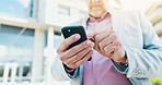 Business, hands and man in city, smartphone and texting with social media, connection and internet. Person, closeup or entrepreneur with cellphone, outdoor or digital app for ride service or location