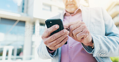 Buy stock photo Business, hands and man in city, smartphone and texting with social media, connection and internet. Person, closeup or entrepreneur with cellphone, outdoor or digital app for ride service or location