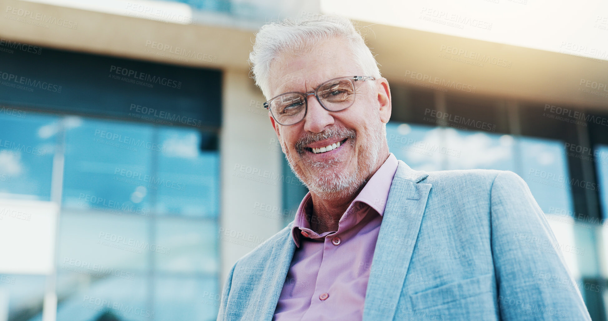 Buy stock photo Mature, happy man and portrait with realtor in city for corporate property or building investment. Businessman, executive or real estate agent with smile for business development in an urban town