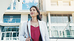 Thinking, business and woman with smile city for planning, corporate career and decision as accountant. Female person, vision and  reflection for financial future, urban search and investment growth