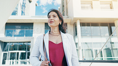 Buy stock photo Thinking, business and woman with smile city for planning, corporate career and decision as accountant. Female person, vision and reflection for financial future, urban search and investment growth