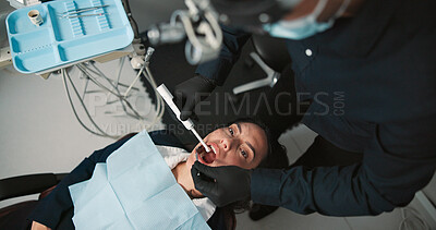 Buy stock photo Appointment, hands and medical dentist with patient in office for checkup, mouth operation or surgery. Dentistry, healthcare or hygiene with medicine professional and woman at clinic from above