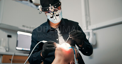 Buy stock photo Light, medical procedure and patient with dentist in office for checkup or mouth operation. Dental appointment, healthcare or oral exam with medicine professional and woman at clinic for dentistry