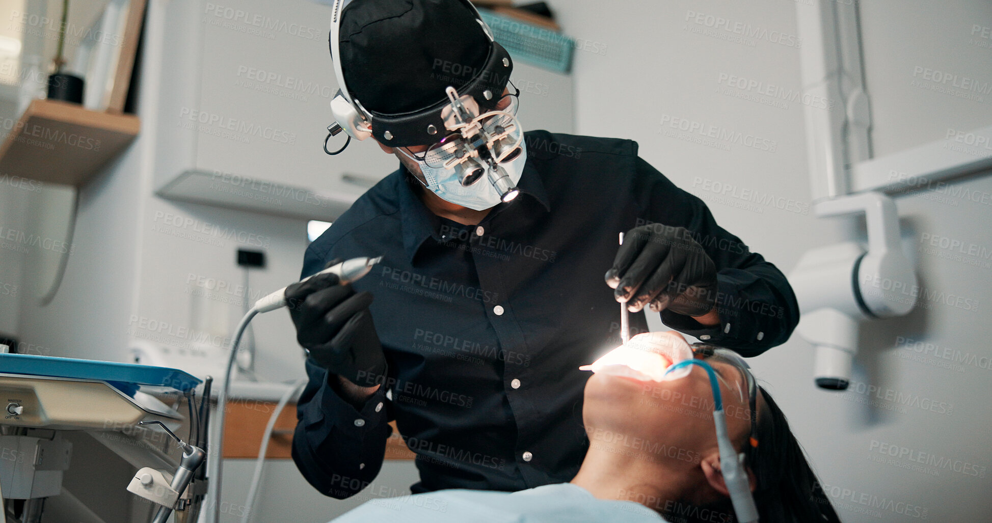 Buy stock photo Appointment, medical procedure and patient with dentist in office for checkup or mouth operation. Dental hygiene, healthcare or oral exam with medicine professional and woman at clinic for dentistry