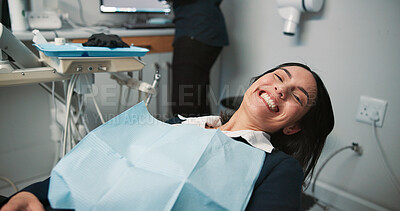 Buy stock photo Happy woman, portrait or patient in dental clinic for checkup, veneers or medical procedure. Appointment, smile or person waiting in oral exam for dentistry, teeth whitening or cosmetics treatment