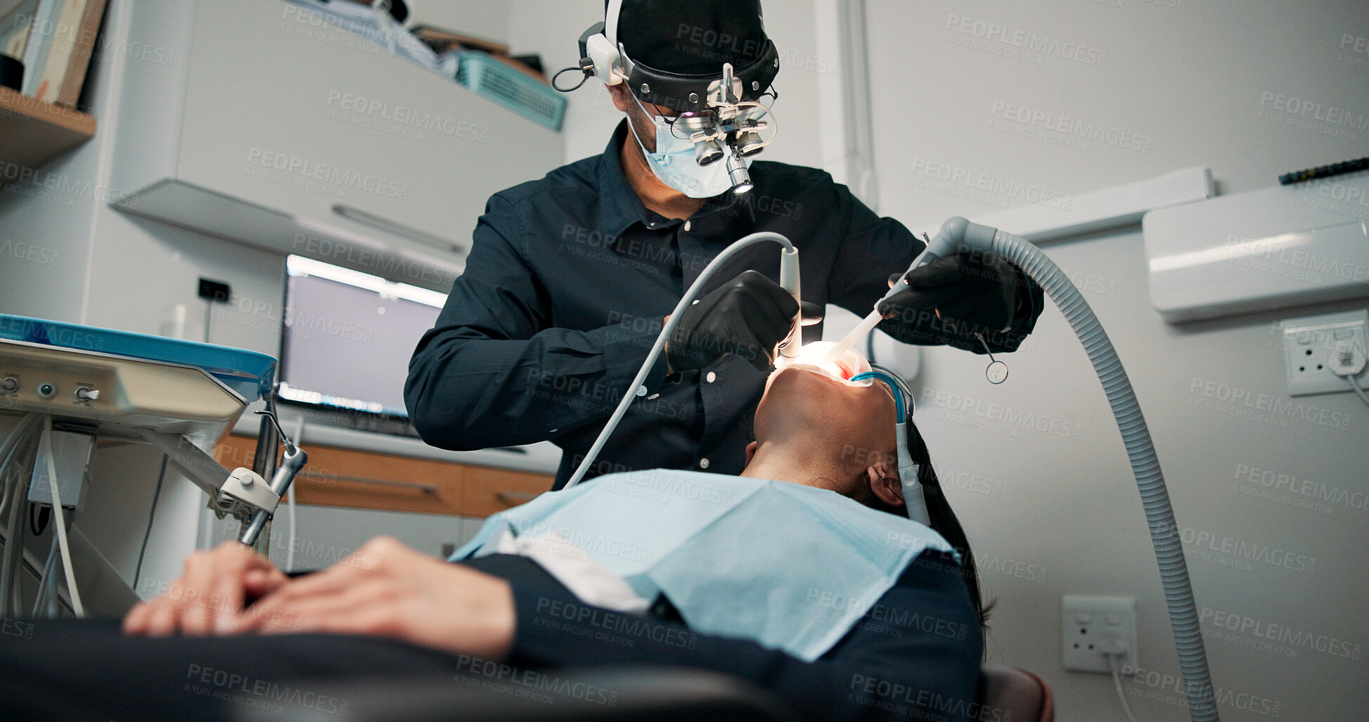 Buy stock photo Checkup, medical procedure and patient with dentist in office for appointment or mouth operation. Dentistry, healthcare or oral exam with medicine professional and woman at clinic for dental hygiene