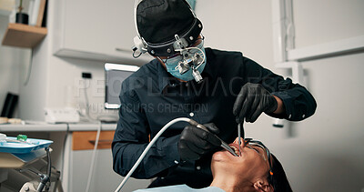 Buy stock photo Appointment, medical procedure and woman with dentist in office for healthcare or mouth operation. Checkup, dental hygiene or oral exam with person and medicine professional at clinic for dentistry