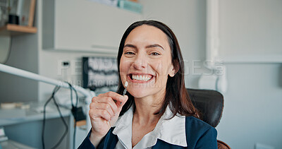 Buy stock photo Happy woman, portrait or patient in dental clinic for crown, veneers or medical procedure. Appointment, smile or person with implant in oral exam for dentistry, teeth whitening or cosmetics treatment