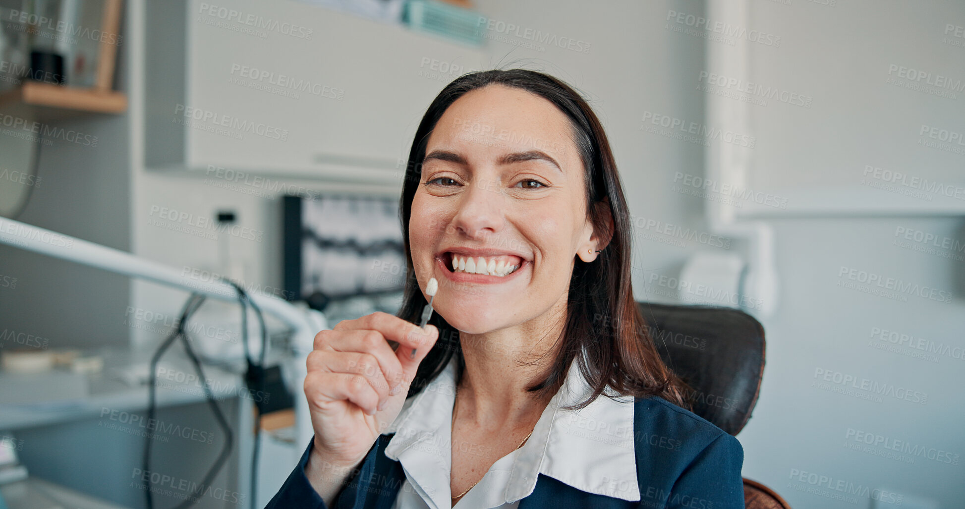 Buy stock photo Happy woman, portrait or patient in dental clinic for crown, veneers or medical procedure. Appointment, smile or person with implant in oral exam for dentistry, teeth whitening or cosmetics treatment
