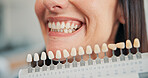 Decision, implant and teeth of woman at dentist for oral procedure or surgery closeup. Choice, options and tooth selection with patient in office of clinic or hospital for cap, repair or replacement