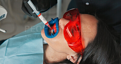 Buy stock photo Cleaning, mouth and visor on patient with dentist in office for checkup or dental procedure. Healthcare, oral surgery or teeth whitening with medicine professional and woman at clinic for dentistry