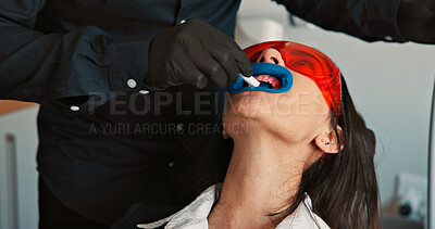 Buy stock photo Appointment, hands and mouth of patient with dentist in office for checkup, cleaning or operation. Dental hygiene, filling or visor with medicine professional and woman at clinic for healthcare