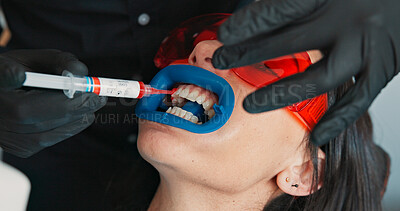 Buy stock photo Cleaning, medical and patient in visor with dentist in office for checkup or teeth whitening. Dental hygienist, healthcare or oral exam with medicine professional and woman at clinic for dentistry