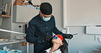 Cleaning, medical procedure and patient with dentist in office for checkup or mouth operation. Healthcare, hygiene or oral appointment with dental professional and woman at clinic for dentistry