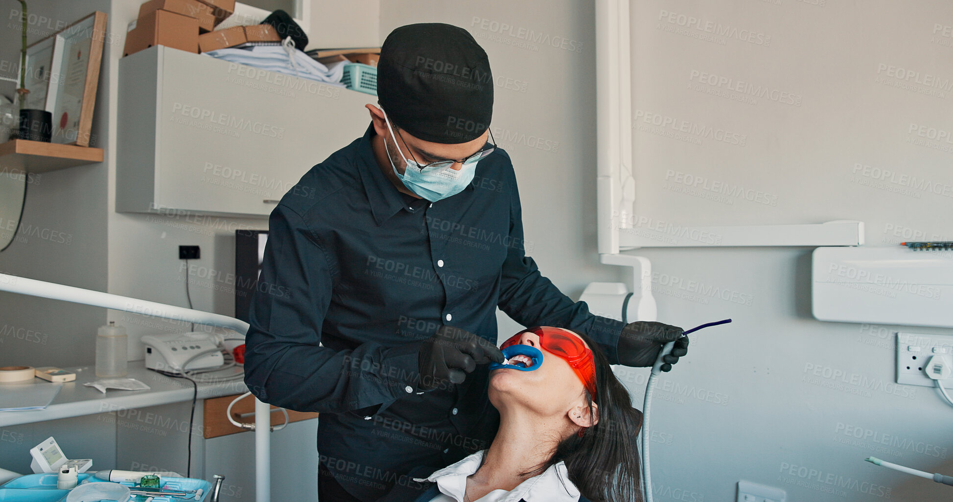 Buy stock photo Cleaning, medical procedure and patient with dentist in office for checkup or mouth operation. Healthcare, hygiene or oral appointment with dental professional and woman at clinic for dentistry