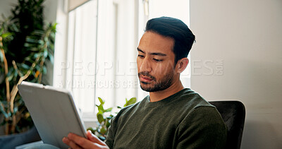 Buy stock photo Application, sign in and tablet with man in waiting room of office for personal information. Appointment, digital form and schedule with person in lobby of spa for session, therapy or wellness