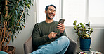 Smile, waiting room and man with smartphone, appointment and joke with social media. Happy person, funny meme or mobile user with cellphone, laughing and online humor with app or message to contact