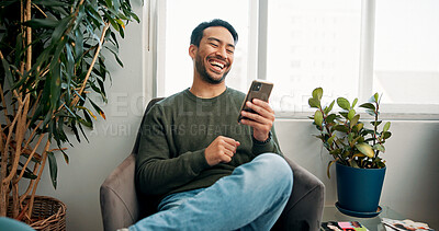 Buy stock photo Smile, waiting room and man with smartphone, appointment and joke with social media. Happy person, funny meme or mobile user with cellphone, laughing and online humor with app or message to contact