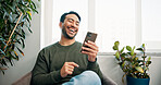 Office, waiting and man with smartphone, medical appointment and smile with social media. Person, funny meme and mobile user with cellphone, laughing and online humor with joke and message to contact