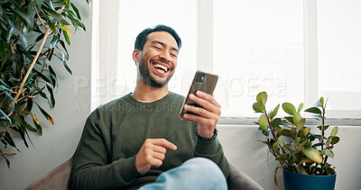 Buy stock photo Office, waiting and man with smartphone, medical appointment and smile with social media. Person, funny meme and mobile user with cellphone, laughing and online humor with joke and message to contact