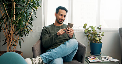 Buy stock photo Happy, waiting room and man with cellphone, typing and connection with social media. Person, communication and texting with smartphone, internet and online reading with network and message to contact