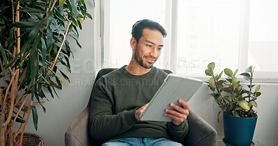 Buy stock photo Appointment, sign in and tablet with man in waiting room of office for personal information. Application, digital form and schedule with person in lobby of spa for session, therapy or wellness