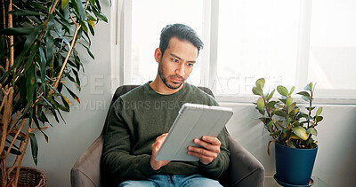 Buy stock photo Appointment, tablet and waiting room with man in office for personal information or sign in. Application, digital form and treatment with person in lobby of spa for session, therapy or wellness