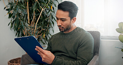 Buy stock photo Waiting room, clinic and man with clipboard for writing information, insurance form and medical history. Healthcare, hospital and person with checklist for wellness, appointment and consultation