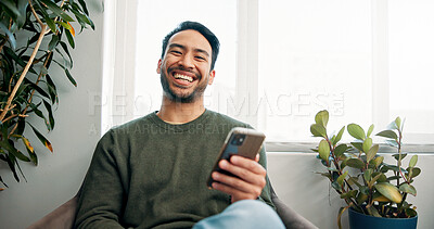 Buy stock photo Portrait, waiting room and man with smartphone, smile and message to contact, social media and laughing. Person, funny meme and mobile user with cellphone, app and online humor with joke and internet