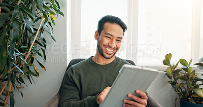 Buy stock photo Appointment, sign in and tablet with happy man in waiting room of office for personal information. Application, digital form and smile with person in lobby of spa for session, therapy or wellness